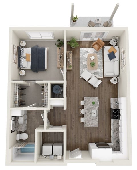 Floor plan for 1 bed, 1 bath, 741 sqft